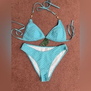 New large blue pearl aqua bikini triangle swimsuit bathing suit festival boho